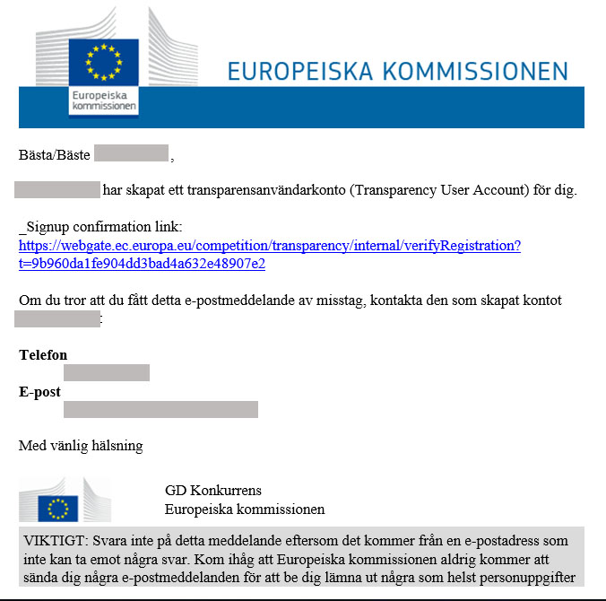 Bilden visar ett e-postmeddelande från EU-kommissionen.
