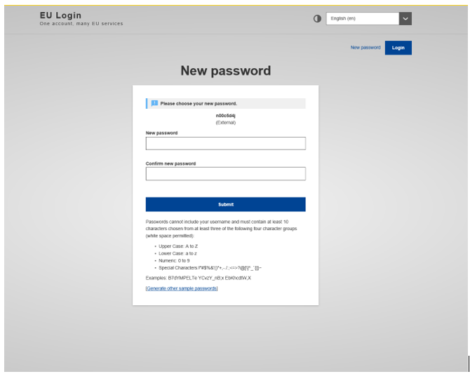 Formulär för att ange nytt lösenord
